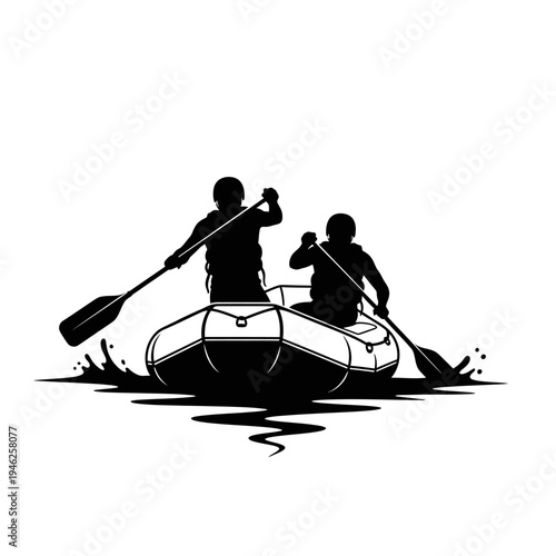 Silhouette of two people rafting in a boat on white background
