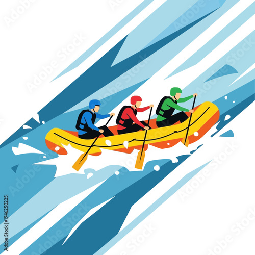 Team rafting down raging river on yellow inflatable boat, adventure and sport