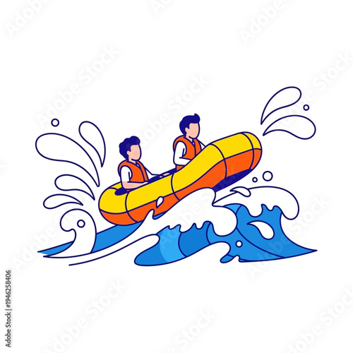 Two people in a raft navigating rough waters, adventure, extreme sports