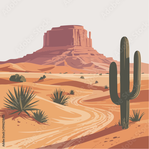 desert landscape with cactus and rocky mesa formation
