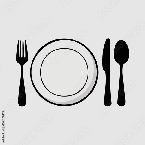 Simple black silhouette of plate with fork knife spoon