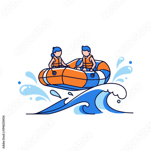 Two people in inflatable raft on wavy water, summer fun activity
