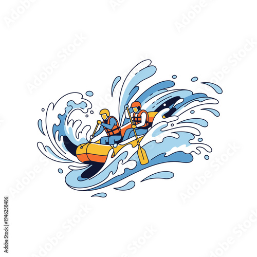 Two people rafting down a wild river with splashing water and waves