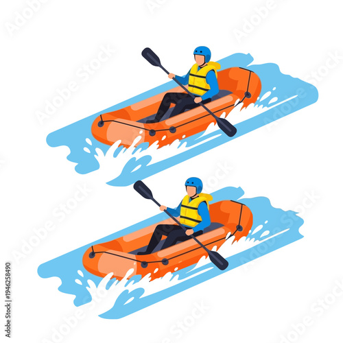 Two people kayaking in inflatable rafts on a river, active lifestyle, adventure
