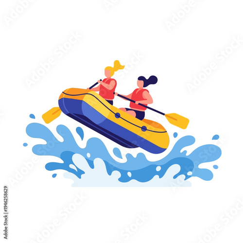 Two women rafting on turbulent water, adventure sport, active lifestyle, summer fun