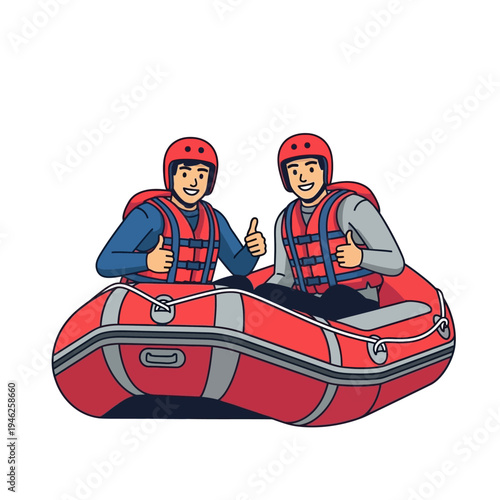 Two smiling men in life vests and helmets in a red raft, giving thumbs up