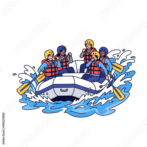 Diverse Group Whitewater Rafting Adventure on River Rapids