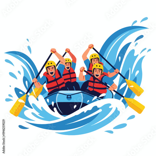 Excited people rafting down rapids, teamwork, adventure, outdoor sport