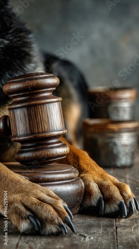 Conceptual macro shot of wooden judges gavel next to large dog paw on mahogany table symbolizing animal rights and legal protection.