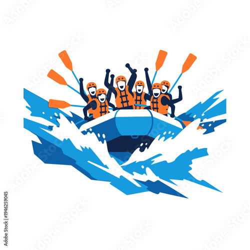 Excited people white water rafting adventure, teamwork, extreme sport, splashing water