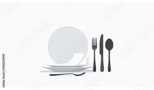 Modern dinner tableware set with stacked plates bowl and cutlery flat vector illustration isolated on white background