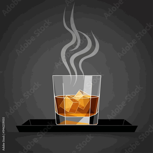 Steaming glass of whiskey with ice cubes on a dark tray, atmospheric lighting