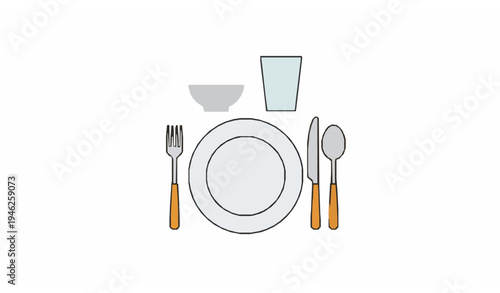Minimal dinner set table arrangement with plate bowl glass and cutlery vector illustration isolated on white