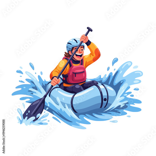 Excited person white water rafting, paddling inflatable raft through splashy river
