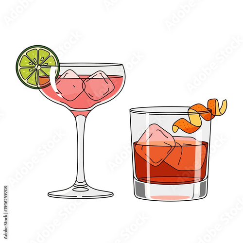 Two refreshing cocktails with ice cubes, lime slice, and orange peel garnish on white background