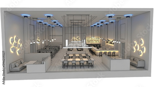 Modern Restaurant Interior Lighting Layout, Architectural Blueprint 3D Style, Interior Design Illustration