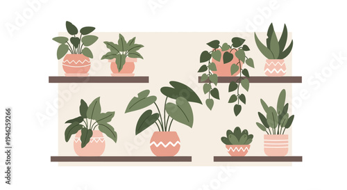 Collection of various potted houseplants on shelves in a modern flat cartoon style.