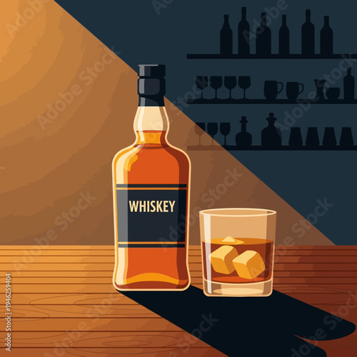 Whiskey bottle and glass with ice on a bar counter, warm lighting, bar background