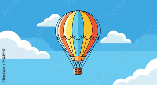 Colorful hot air balloon floating serenely in a clear blue sky with fluffy white clouds.