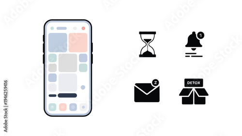 Smartphone interface illustration featuring colorful app grid, hourglass, notification bell, envelope, inbox icons, digital communication concept and modern mobile application design collection