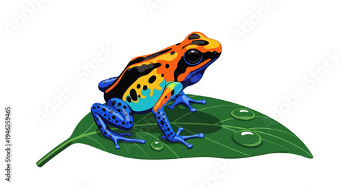 Colorful Poison Dart Frog Sitting on a Green Leaf with Water Droplets.