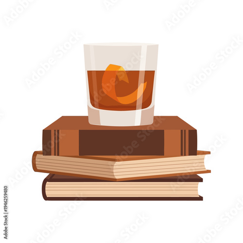 Whiskey drink on stack of books, cozy reading, relaxation, study, library, home bar, leisure
