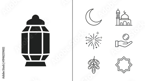 Islamic lantern illustration featuring crescent moon, mosque minarets, charity hand, fireworks, dates fruit, star pattern, Ramadan artwork and Eid celebration design collection