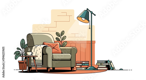Cozy armchair with reading lamp and stacked books illustration.