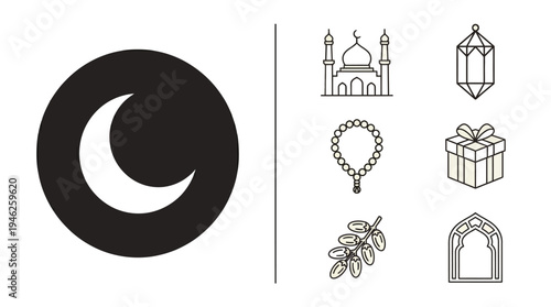 Islamic culture illustration featuring crescent moon, mosque domes, lantern, prayer beads, gift box, dates fruit, arched window, Ramadan artwork and Eid celebration design collection