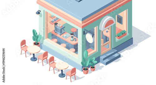 Cozy Isometric Cafe Building with Outdoor Seating Area.