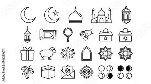 Islamic icons illustration featuring crescent moon, mosque minarets, lanterns, prayer rug, tasbih beads, charity hand, donation box, gift, sheep, fireworks, Kaaba, dates fruit, Ramadan artwork and Eid