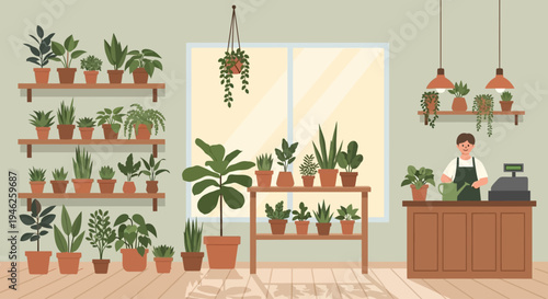 Cozy Plant Shop Interior with Shelves of Greenery and a Seller.