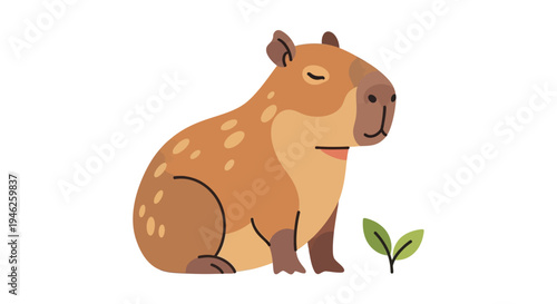 Cute cartoon capybara sitting peacefully with small green leaves.