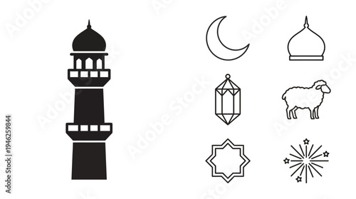 Islamic minaret illustration featuring crescent moon, mosque dome, lantern, sheep, star symbol, spark design, Ramadan artwork and Eid celebration collection
