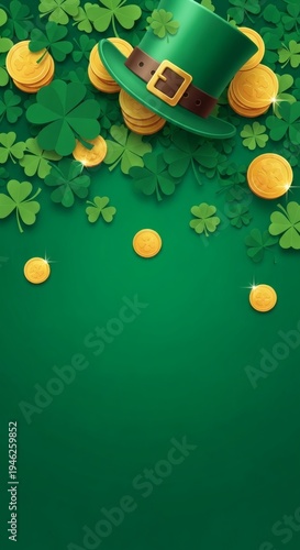 A festive green background with shamrocks, coins, and a decorative hat evokes St Patrick s Day celebration