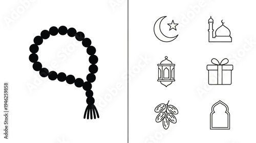 Islamic tasbih illustration featuring prayer beads, crescent moon, mosque minaret, lantern, gift box, dates fruit, arched window, Ramadan artwork and Eid celebration design collection