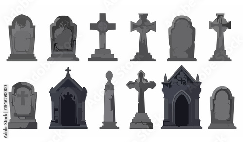 Spooky gothic tombstones cemetery crosses vector pack