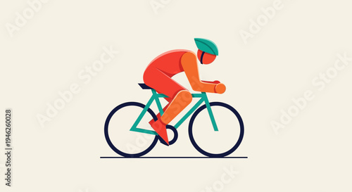 Cyclist in Red Gear Riding Green Bicycle Forward.