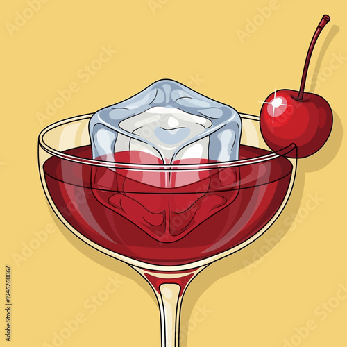 Refreshing red cocktail with ice cube and cherry garnish in a coupe glass, studio shot