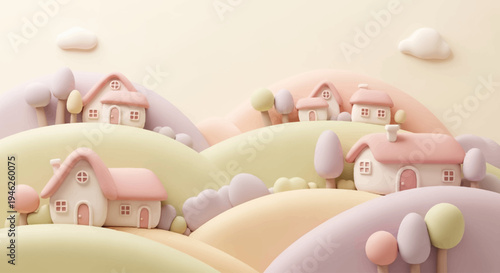 Cute Pastel Houses on Whimsical Rolling Hills.