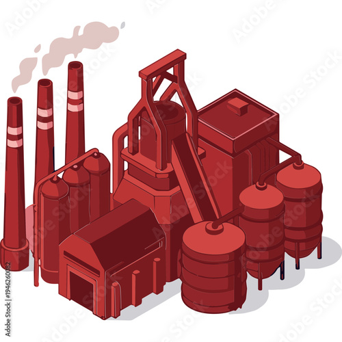 An industrial factory with smokestacks and barrels sits in a landscape