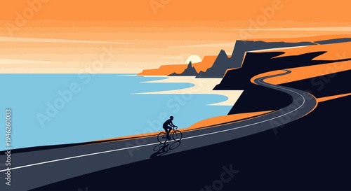 Cyclist rides along a scenic coastal road at sunset.