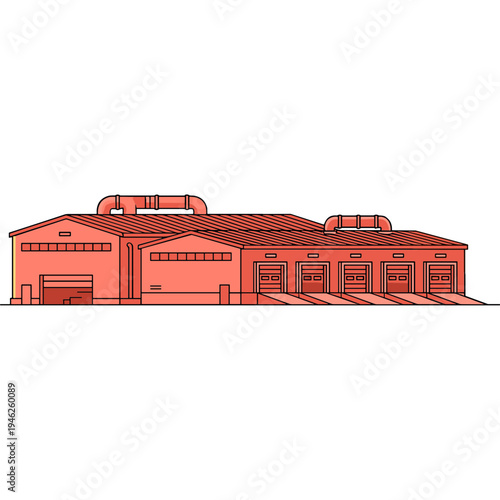 An illustration depicts a large industrial building with multiple garage doors and pipes on the roof.