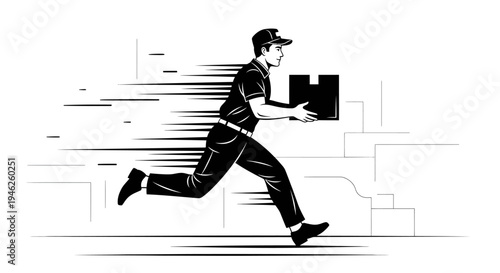 Delivery man running fast with a package in hand.