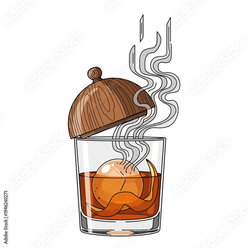 Smoked Old Fashioned Cocktail with Orange Peel and Ice Ball