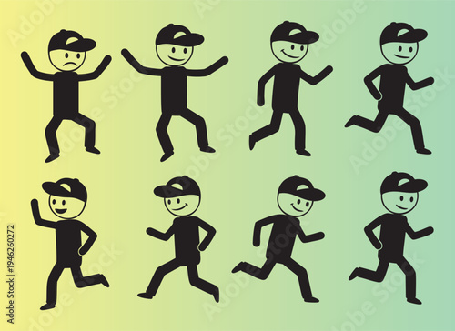 Cartoon stickman figures in various running and walking poses isolated
