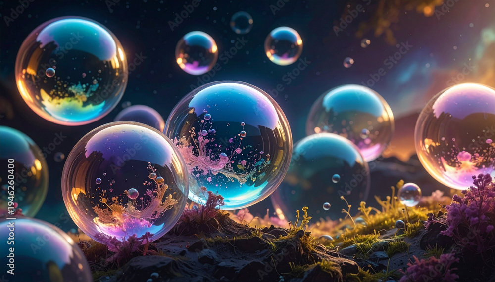 Fototapeta premium Abstract illustration of floating transparent bubbles with colorful reflections