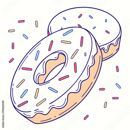 Two glazed donuts with sprinkles - sweet dessert line art illustration
