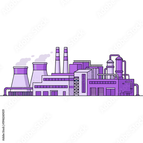Industrial factory complex with smokestacks emitting smoke in a landscape