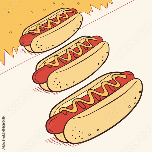 Three hot dogs with mustard fast food line art illustration